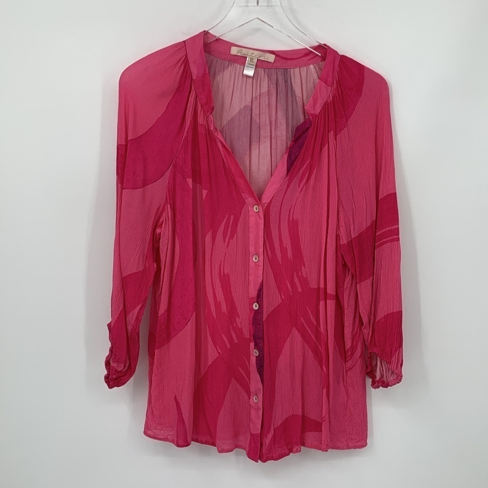 Hutch button front flowy blouse top shirt pink abstract circle X-Large XL